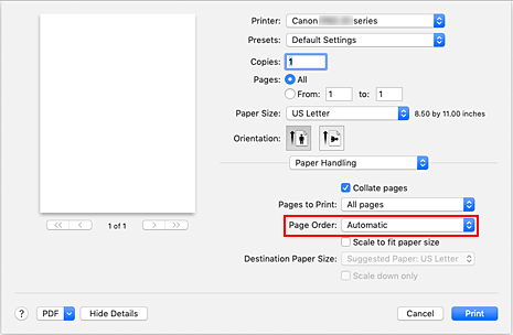 الشكل: تحديد تلقائي (Automatic) من ترتيب الصفحات (Page order) ضمن معالجة الورق
(Paper Handling) في مربع الحوار طباعة (Print)